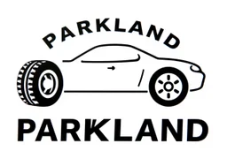 Simplified logo representing services of automobile repairs and tire changes and oil/filter changes, includes text "PARKLAND", black on white