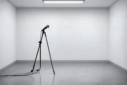 Une pièce vide blanche, un pied de micro abandonné au sol, liminal atmosphere