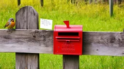 an old wooden fence with a little bird on it, a red old mailbox on the fence, a big note stuck on the mailbox