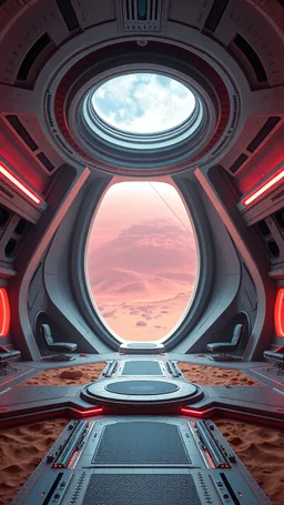 A spectacular interior inside a ufo spaceship with futuristic architecture on the planet Mars, using the Dune color palette, Photo realistic