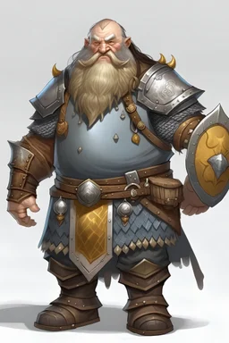male dwarf with grey skin, bold, with beard, with armor and shield,beer-belly