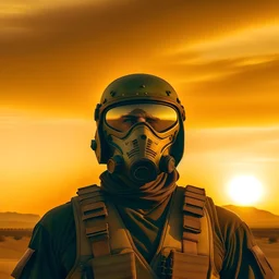 A military man wearing a mask stands looking straight at me in a golden desert with a tank and a beautiful sunset behind him.