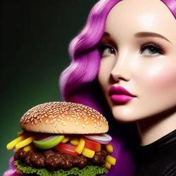 Dove Cameron's highly detailed beautiful face, meticulously detailed multi-hued hair; Happy Meal, cheeseburger, fries, cyberpunk, digital painting, artstation, smooth, sharp focus, flowing, illustration, art by Lisa Frank, artgerm, Greg Rutkowski, Alphonse Mucha and William-Adolphe Bouguereau, cyberpunk, Unreal Engine 5