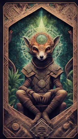 mandala style framed playing card illustration, close up portrait of an ace happy blessed ancient magical scaly enlightened weird weasel alien mad max soldier posing for photo shoot on a throne, holding a burning sceptre, in a space alien mega structure with stairs and bridges woven into a sacred geometry knitted tapestry in the middle of lush magic jungle, bokeh like f/0.8, tilt-shift lens 8k, high detail, smooth render, down-light, unreal engine, prize winning
