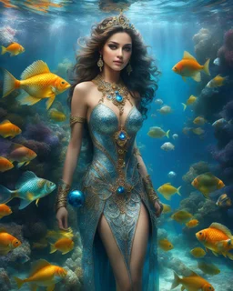 Fullbody excellent pose gorgeous photography art realistic,cinematic realistic colors,soft blur ,natural beauty, of young woman, smiling, beautiful, shiny grey eyes, make up,Queen Persian style, shiny baubles, ornate, large gemstones, shiny molten metalics, shiny wire filigree, brown hair, high definition, Walk in underwater scene teeming with colorful fish nemo, many full fishes swim, and gentle sea turtle