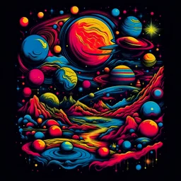 Create a t-shirt design featuring a stunning cosmic scene, with planets, stars, and galaxies. Use vibrant colors and intricate details to make it eye-catching.