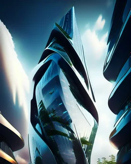 Glass building tower with concrete shapes Zaha Hadid style spring weather hyper-detailed 8k digital art