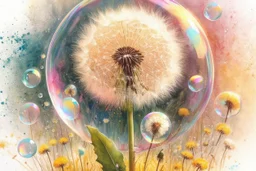 Create a watercolor and chalks painting, whimsical painterly fantasy art, a single large dandelion plant including appropriate leaves at the base of the stem, the head of the dandelion surrounded by a transparent bubble, the dandelion has gone to seed, paint splatter overlay, intuitive pastel colors, soft yellow meadow sprinkled with dandelions and small transparent bubbles in background, add reflections to the bubbles, watercolor and chalk style.