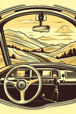 A vintage car phone with a curly cord, attached to the dashboard of a classic automobile. A scenic mountain highway stretches out in the background through the open window. Style: Retro travel, Mood: Adventurous, Lighting: Warm sunlight streaming through the window, T-shirt design graphic, vector, contour, white background.