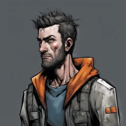 man,, looking serious, comic book, post-apocalypse, grey background