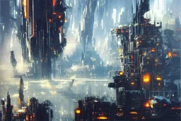 Art by John Berkey and John Harris, futuristic city, high rise, smooth, sharp focus, higly detailed, digital painting, concept art, elegant, centered, Taris Star Wars, connected