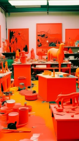 A salmon orange colored workshop made out of toys painted by Andy Warhol