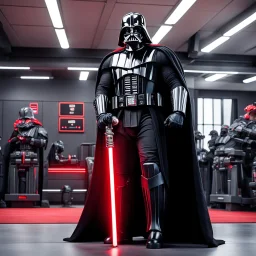 over muscular Darth Vader with gigantic biceps with veins in the training room with his red lightsaber