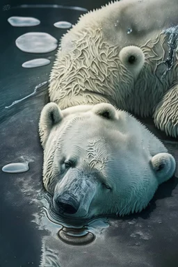 polar bear melting into a puddle, hyper-realistic photography, detailed expression of agony, hyper-realistic fur and anatomy details, Takeshi Kawano style, engraved fur details, anatomically correct animal, dark colour tone, epic colour treatment, cinematic colour treatment, meticulously intricate perfectly symmetrical extremely detailed, pixiv daily ranking, pixiv, extreme depth of field, artstation, sculpture style, spectacular details, volumetric lighting, masterpiece, cinematic, Hollywood pr