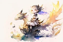 a cute anime chibi princess sitting on a wild chinese dragon and dynamically riding it, melting watercolor and black ink outlines on wet paper, soft, shading strokes, in sunshine, ethereal, otherwordly, cinematic postprocessing, bokeh, dof