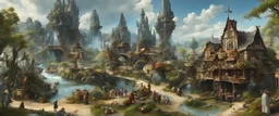 A busy outdoor surrealist market, in a beautiful surreal outdoor countryside summer scene, with hills & fields, intricate dwellings, many pathways & stairways, streams, waterfalls, a waterwheel, & magnificent sky-beasts : in the style of Salvador Dali & Hieronymus Bosch, very high detail, photorealistic, epic cinematic, 8K, Large depth of field