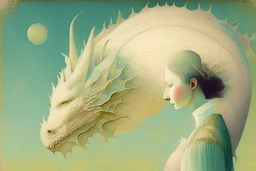 dragon and woman, soft rounded edges, gentle, serene, magical, pastel colours, dynamic lighting, a masterpiece, surreal, Catrin Welz Stein style in sunshine