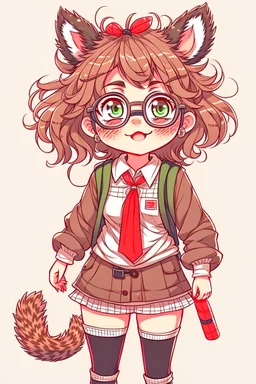 anime racoon girl with glasses curly hair fullbody