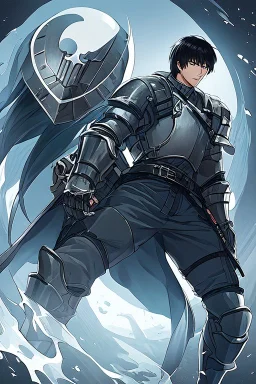 Male version of Motoko Kusanagi from "Ghost In The Shell (1995)", knight in steel plate armour, long black hair, pretty face, dignified, alone, slender