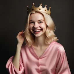 A beautiful woman with beautiful blond hair, happy, wearing a modest velvet pajama, her hands are pink, and a crown is on her head.