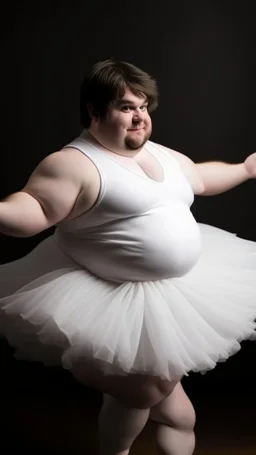 young man, morbidely obese; brown hair and fair skin, dancing in a white fluffy tutu. Full character. Elegant pose; HD, Studio shot, realistic.