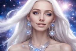 very beautiful cosmic women with white long hair, little smile, with cosmic silver metallic suite and brightly earings. in the background there is a bautiful sky with stars and light beam