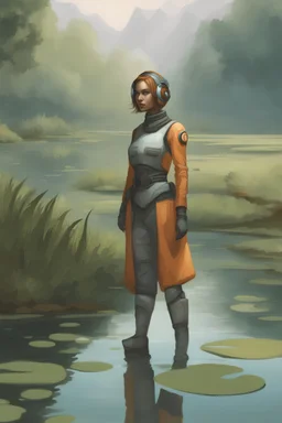 [Asimov's Foundation] A woman in scifi outfit around a pond