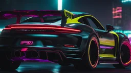 Porsche 2991 ultimate tuning Mansory Cyberpunk 2077 neon Style Rear View, Super Detailed, desktop wallpaper, 4K