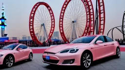 A Tesla's 'Model S Plaid' is racing at top speed, across 'Lotte World', in Seoul (South Korea). CINEMATIC. WIDE ANGLE LENS.
