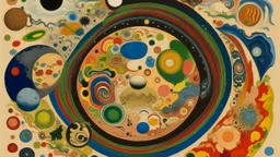 A beige planet with an asteroid belt around it designed in Oaxacan alebrijes painted by Alexej von Jawlensky