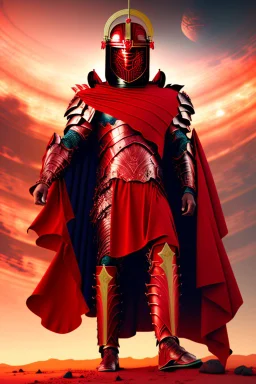 Planet Mars portrayed as a menacing God wearing Roman-like armour, a red cape, and a spartan helmet that covers his face entirely