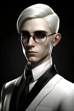 a pale high elf male with short platinum slicked back hair. he has a serious gaze but is young and handsome. he wears thin black rectangle glasses and a black and white business suit.