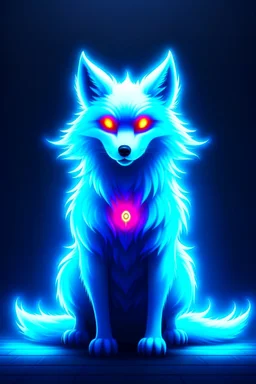 Super cool ghostly spiritual kitsune with menacing glowing eyes In a dark room. It sits alone staring straightly and deeply at us, it has a painted-anime style.