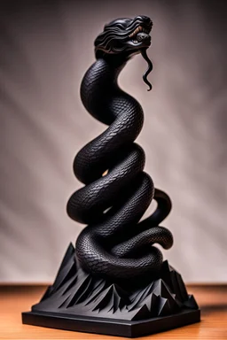 an ominous small statuette made of ebony in the form of a mountain with the snake slithering around the mountain