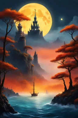 A sailing boat navigates the orange ocean towards a coast of red cliffhangers topped with ancient towers and a mysterious forest. The scene is shrouded in mist, illuminated by a decreasing yellow moon. The colors and elements combine to create a surreal and captivating atmosphere, hinting at hidden secrets. Adventure beckons in this heroic fantasy scene, inviting exploration and discovery. 7:34 PM