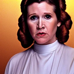 Hyperrealistic, 8k centered photographic portrait of [[Carrie Fisher as Princess Leia in Star Wars]], leica, 35 mm, technicolor, natural colors, telephoto, 24 mm, portrait photo by Annie Leibovitz, film, studio lighting, detailed skin, ultra realistic, bokeh, sharp features