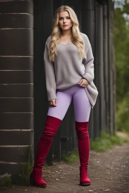 beautiful 18 year old girl with ash blonde hair and blue eyes with her curvy hair down, wearing a long-sleeved woollen top, and lilac long leggings, with long red boots full body standing pose shot