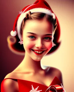 girl in red dress, close up portrait, Christmas, smiling, cute, beautiful, 1940s