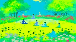 An illustration by Monet and Miyazaki of individuals practicing yoga surrounded by blooming flowers and lush vegetation.