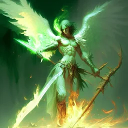angel caido de piel verde palido empuñando una lanza en llamas