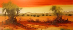 An orange colored arid stretch of land with crackling electrical shrubs painted by Michelangelo di Lodovico Buonarroti Simoni