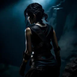 a beautiful dark haired tiefling woman in a sleeveless battle outfit, seen from the back, at the edge of a precipice in the dark, ready to jump, photo quality, dark colors