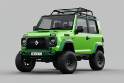 In 3d Mikros animation style. Generate an image of an off-road modified 2019 Suzuki Jimny but It's in the color of green. It has some gear like it was made to drive on Dino Island. Show the vehicle on a neutral grey background and like a turnaround.