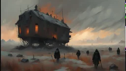 The army of the dead march, winter is coming, science fiction painting, Denis Sarazhin, Alejandro Burdisio, Romain Trystram, Simon Stålenhag, techno gothic, grim overtones, ominous sky, vivid colours, harsh offworld landscape, dusty, blizzard conditions p, immersive dark horror art