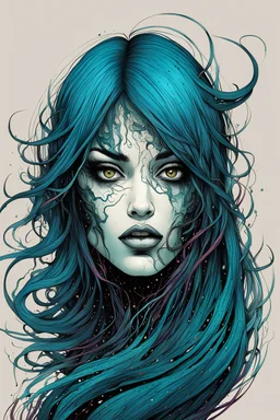 illustration of a Barracuda faced shape shifting female hybrid in the style of Alex Pardee and Jean Giraud Moebius, highly detailed, boldly inked, deep murky aquatic color