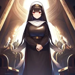 Clear focus, high resolution, black long fluffy hair, red eyes, wearing a nun outfit