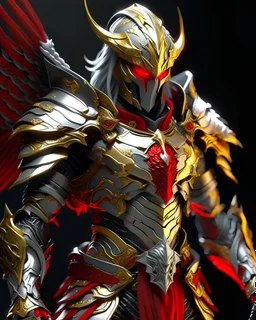 silver and gold knight armor with glowing red eyes, and a ghostly red flowing cape, crimson trim flows throughout the armor, the helmet is fully covering the face, black and red spikes erupt from the shoulder pads, crimson and gold angel wings are erupting from the back, crimson hair coming out the helmet, spikes erupting from the shoulder pads and gauntlets