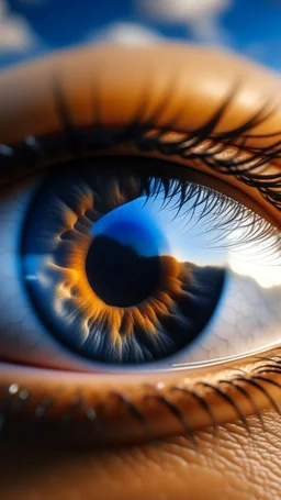 Photoreal close-up of an eye reflecting a sky
