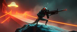 volume fog light, hyper real rock ant lizard man general with hi tech transcendent weapon arsenal from hell, guarding bridge up to space saucer neon plastic transparent