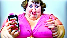 lady with fat sausages for fingers holding greasy phone